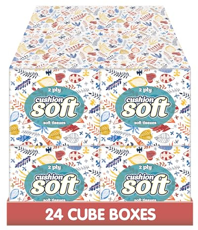Cushion Soft Facial Tissues – 24-Pack | Soft 2-Ply Tissues | Ultra Soft, Strong and Gentle | Made in UK (Cube)