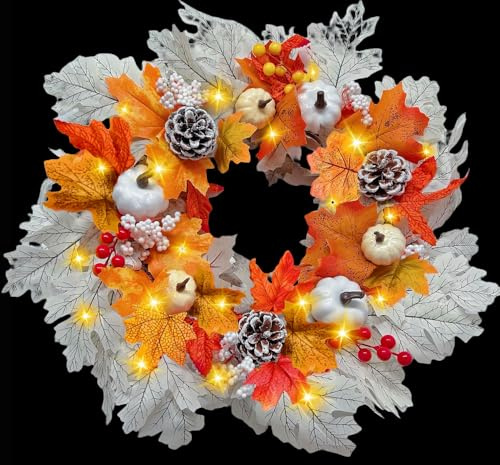 Halloween Pumpkin Door Wreaths With White Berries，Autumn Wreath Front Door 45cm,Maple Leaf And Pumpkins, Autumn Door Wreaths Hanging Indoor Outdoor, Fall Wreath For Halloween Decorations