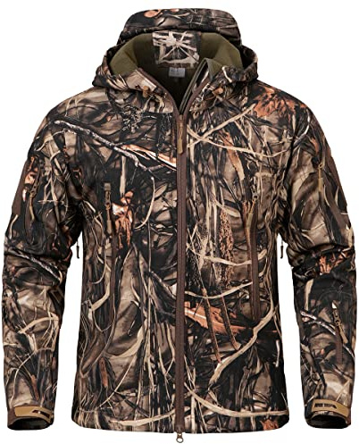 CARWORNIC Giacca da uomo Real Tree, in softshell, per caccia all'aperto, impermeabile, militare, tattica, con cappuccio, in pile, M