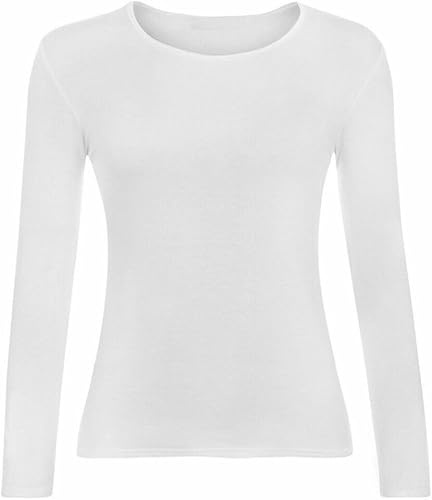 LUXE FASHION Women Ladies Long Sleeve Round Neck Plain Top Stretchy Casual Summer T-Shirts Basic Slim fit Tee Tops UK Plus Size 8-26 White