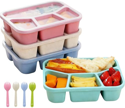 4 Pack Snack Boxes, Reusable Bento Lunch Boxes with Transparent Lids 4 Compartments & Fork, Lunch Snack Containers for Kids Adults, Divided Food Storage Containers for School Work Travel （4 colors）