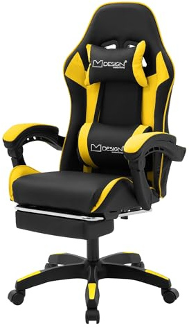 ML-Design Sedia da Gaming Ergonomica in Similpelle Giallo, Poggiapiedi, Braccioli, Poggiatesta, Cuscino Lombare, Stile Racing, Poltrona da Gioco Girevole e Regolabile, Ideale per Scrivania o Ufficio