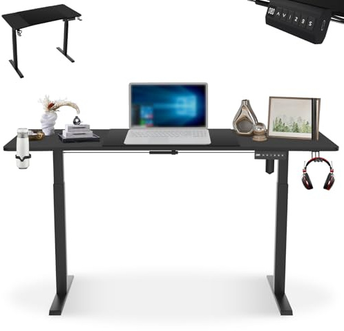 LZQ Escritorio eléctrico de altura regulable 160 x 60 cm, con función de memoria y puerto de carga tipo C, escritorio de pie, escritorio ajustable para ordenador con gestión de cables, color negro