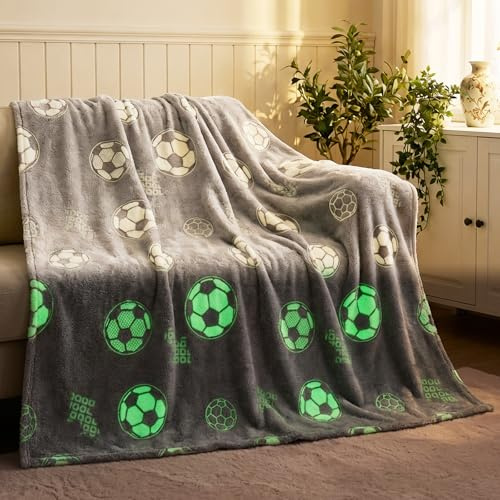 Manta mullida Que Brilla en la Oscuridad 130x150 cm, Manta con Estampado de fútbol Que Brilla en la Oscuridad, Manta de sofá Suave y mullida para niñas y niños (H, 130x150cm)