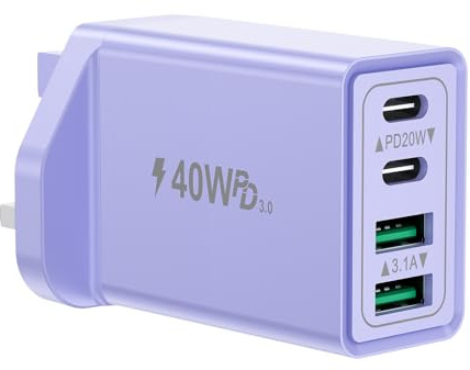 USB C Plug Fast Charge, 40W 4-Port Multi USB Plug UK Dual Port USB C Power Adapter + QC Wall Mains Charger Head, Type C Charging Plug for iPhone 17 16 16e 15 14 13 12 11 Pro Max, iPad, Samsung