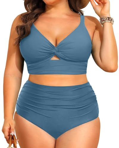 Joligiao 2-delad plus size baddräkt push-up bikini set för kvinnor hög midja magkontroll badshorts vridna knut badkläder rynkade baddräkter