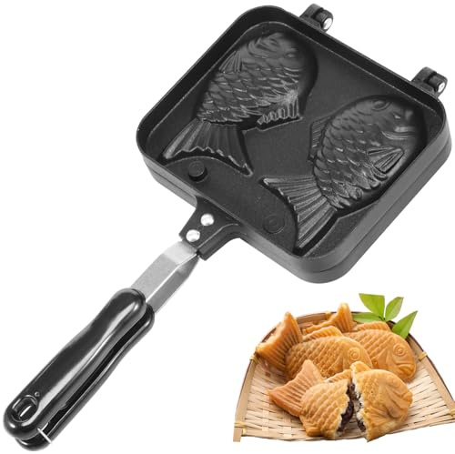 Taiyaki Pan Maker Non Stick Double Sided Fish Shaped Cake Pan Bakeware with Long Handle Aluminium Alloy Waffle Iron Baking Mold Pancake Mould for Home DIY Cooking Party Dessert Camping(A)
