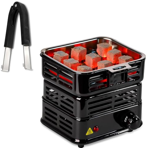 SERdeerCH Multipurpose Electric Charcoal Burner Coconut Charcoal Starter Heating Zones with Stainless Detachable Tongs, 1000W High Power Coil Burner Fire Starter（Black ）