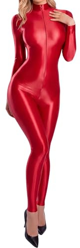FEOYA Dam olja glänsande bodysuit onepiece jumpsuit wetlook catsuit dragkedja sportbody polotröja helkroppsdräkt body yoga långärmad jumpsuit M L, röd, M