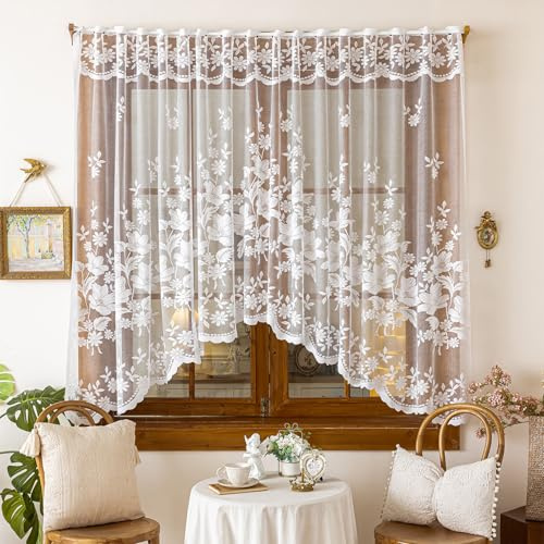 BSITSSS Blume Spitze Scheibengardinen, Kordelzug Scheibengardine 160 * 100CM, Scheibengardinen Modern, Kurzgardinen Retro Transparentgardine, Küchen Gardinen für Café, Küche, Schlafzimmer, 1 Stück