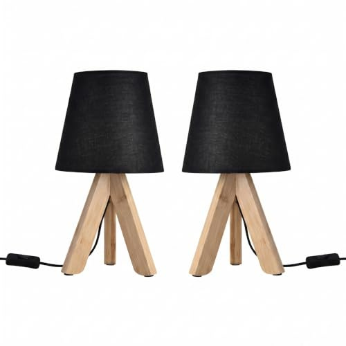 MinteVolt Nachttischlampe Bambus Stativ mit schwarzem Stoff-Schirm | 2er Set Moderne Tischlampe E14 Fassung, 32 cm hoch – ohne Leuchtmittel