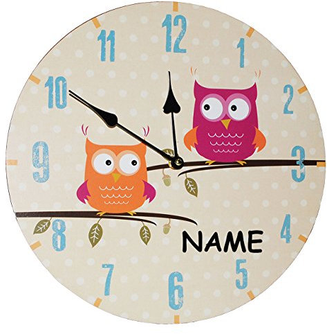 Wanduhr - lustige Eulen auf AST - incl. Name - 34 cm groß - sehr leise ! - für Jungen Mädchen Kinder - Eule Blätter Holzuhr/für Kinderuhr - Eulenmotiv /..