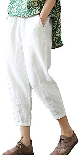 LaovanIn Women's Linen Cropped Pants Tapered Ankle Capris Trousers Elastic Waist Large White