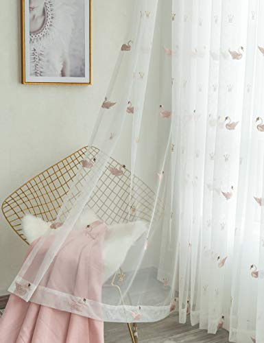 Lactraum Cortina para habitación infantil, niña, princesa, transparente, blanco, bordada, cisne, corona, voile con banda universal, 300 x 245 cm