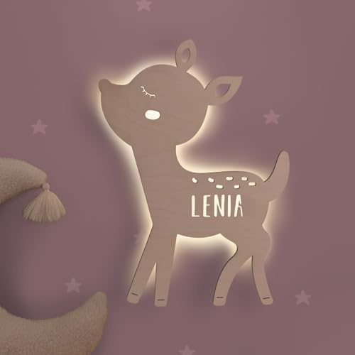 hellomini Personalisierbares LED-Nachtlicht mit Name für Kinder & Babys | Holz-Wandlampe | Schlummerlicht mit Motivwahl – Geschenk zur Geburt & Taufe (Rita das Rehkitz)