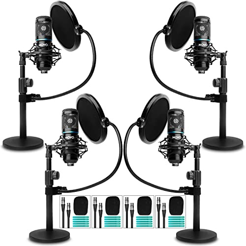 Movo Paquete de 4 micrófonos universales XLR para podcast, incluye 4 micrófonos de condensador cardioide, soportes de micrófono de escritorio, filtros pop, soportes de choque y cables para zoom,