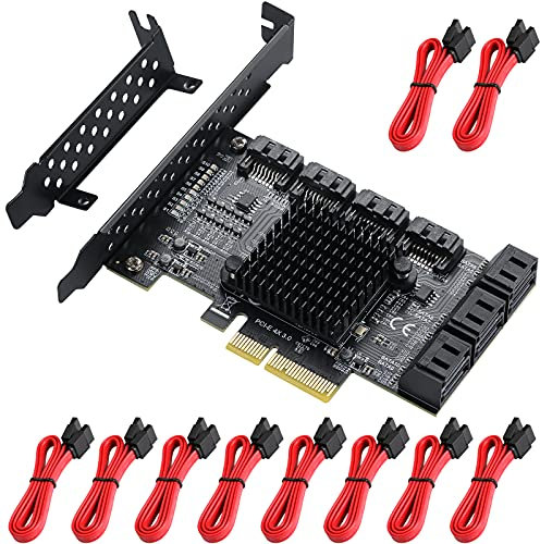MZHOU Carte PCIe 4X SATA 10 Ports, Carte Pcie 6gbps SATA 3.0 Adaptateur Contrôleur - Carte Pcie SATA Supporte 10 Appareils SATA 3.0 avec 10 Câbles Sata Et Support à Profil Bas (Puce: Asm1166)