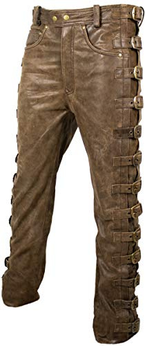 MDM Pantaloni da motociclista in pelle con fibbie, colore marrone, vintage marrone, 36W