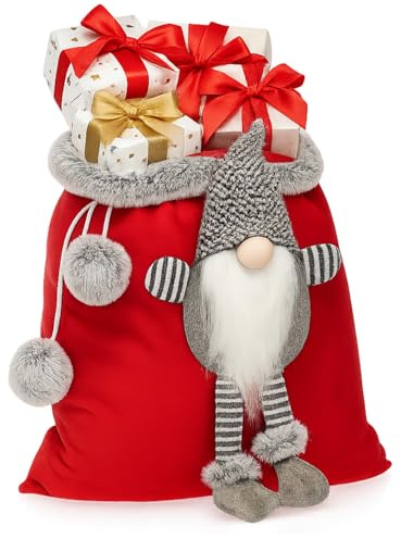 COM-FOUR® Premium Weihnachtssack, roter Geschenkesack zum Befüllen | Weihnachtsbeutel mit Bommeln & Wichtel als Dekoration und tolle Geschenkverpackung