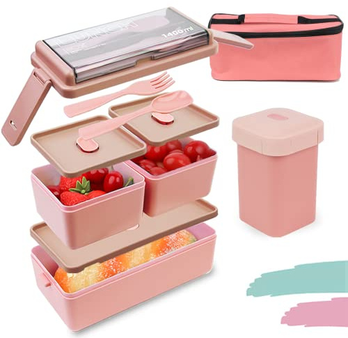 Bugucat Lunchbox 1400ML 4PCS, Boîte à Bento Boîte à Déjeuner Bento Box Avec 3 Compartiments et Couverts,Boite Bento pour Chauffage au Four à Micro-ondes, Boîte à Repas en Plastique pour Enfant Adult