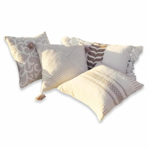 Loberon Kissenhülle 4er Set Olette - Creme/braun, Creme/braun | Verschiedene Formate, Ethno-Look, handbestickt, mit Quasten verziert, Wohn-Accessoires, Kissenbezug, Wohntextilien, Leinen
