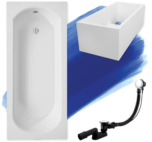 BADLAND Badewanne Original Weiß Acryl Wanne Rechteck INTRICA SLIM 170x75 KOMPLETTSET SET mit Premium Wannenträger + Füßen und Exklusive Chrom Automatik Ablaufgarnitur Made in EU 4in1