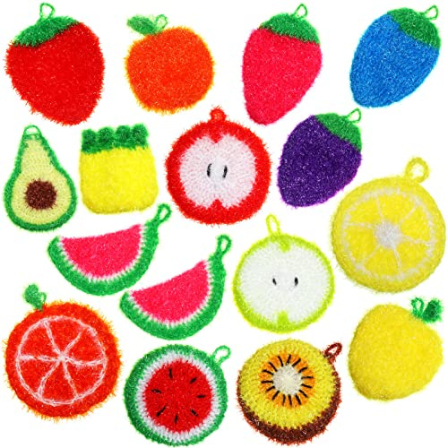 Kenning 16 Pcs Dish Scrubber Non Scratch Dish Washing Scrubbers Reusable Household Cleaning Kitchen Tools for Dishwashing Washing Dishes Cookware Tubs Sinks(Fruit)