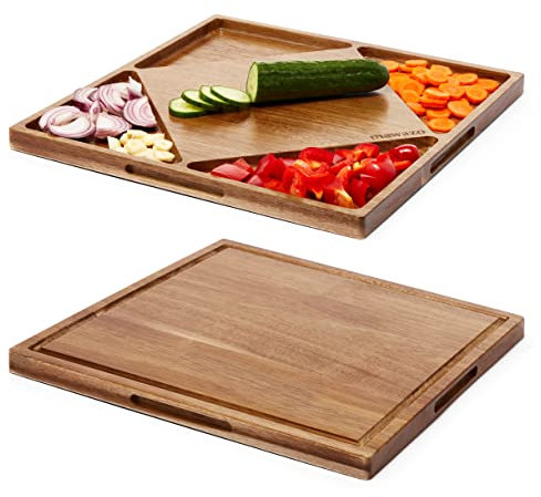 Mawazo Grande planche à découper en bois de qualité supérieure avec récipients, planche à découper réversible en acacia pour cuisine, planche à fromage élégante et plateau de service, 36 x 36 cm,