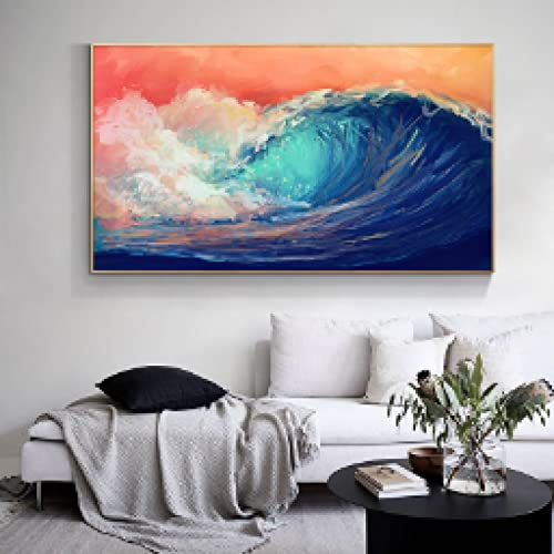 Moderne orangefarbene Wellen Landschaft Wand Poster und Drucke abstrakte Surf Bilder für Wohnzimmer Dekor Gemälde 80 x 120 cm Rahmen