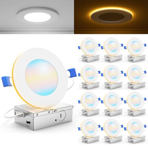 Sunco 12 Pack 4 Inch LED Recessed Lights with Night Light, Slim Ceiling Lighting, 900 LM, 11W (110W Equiv), Selectable CCT 2700K/3000K/4000K/5000K/6000K, Dimmable, Canless with Junction Box ETL