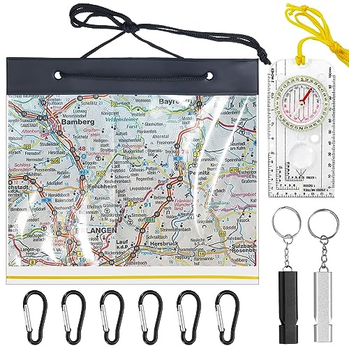 WELHAEPI Wasserdichter Kartenkoffer mit Kompass, 6 Karabinern und 2 Pfeifen | Transparente PVC-Kartentasche - Wasserdicht für Wandern, Camping, Reisen, mit Karabiner & Pfeife