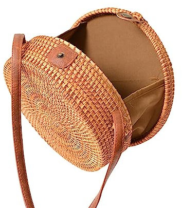 Runde Kleine Strohtasche Damen,Handgewebte Korb Tasche Sommer Strandtasche Schulter Geldbörse Umhängetasche Böhmisch Kreis Strohbeutel Taschen für Sommer Strand für Damen/Frauen