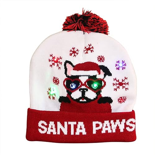 BYNYXI LED Weihnachtsmütze, Leuchtende Strickmütze Bommelmütze Damen Kinder Winter Weihnachten Beanie Mütze mit Weihnachtsbäume Schneemänner Muster Warme Weihnachtsmützen Mütze für Kinder Erwachsene