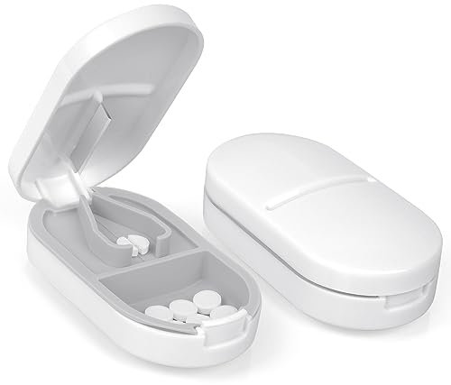 ACWOO Cortador de Pastillas, Cortador y Partidor de Pastillas Portátil con Cuchilla y Compartimiento, Corta Pastillas, Divisor De Pastillas para Píldoras Pequeñas y Grandes, para Dividir Medicamentos