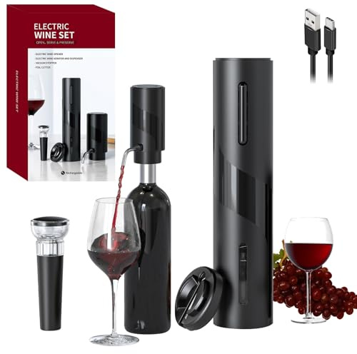COKUNST Electric Wine Opener Set, 4-in-1 Bottle Openers with Wine Decanter, Wine Aerator and Pourer, Wine Stopper, Foil Cutter for Wine Lovers Home Kitchen Party Wedding Bar - USB Rechargeable (Black)