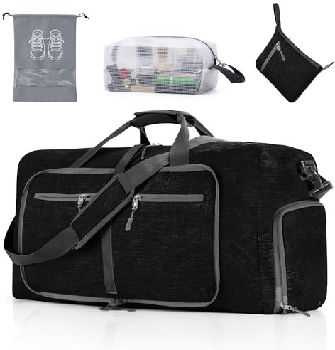 Vomgomfom 65L Faltbare Reisetasche, Große Sporttasche mit Extra Kulturbeutel und Schuhtasche, Unisex, Schwarz