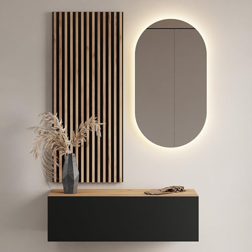 Planetmöbel Flur Möbel Garderobe 1x 100cm Gold Eiche/Anthrazit, Wandpaneel 50cm Gold Eiche/Anthrazit mit Spiegel 50cm (ohne LED), Wandgarderobe 32,5H x 100B x 37,8T cm