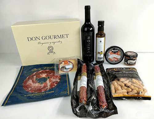 DON GOURMET, Cesta Gourmet para Regalar, Queso curado, jamón ibérico, chorizo ibérico, lote embutidos ibéricos, aceite de oliva virgen extra, patés, pack ibéricos, Regalo Original.