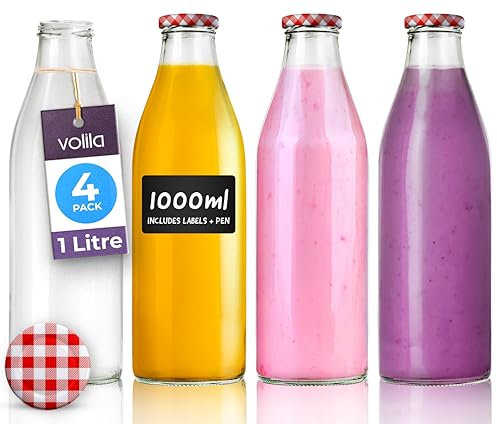 volila Glass Milk Bottles with Lids 1L - 4 Pack Reusable Milk Bottle for Beverages, Sauces, Storage Container and Decor - Leakproof Glass Bottles with Lids, Labels and Pen (Gingham Lid)