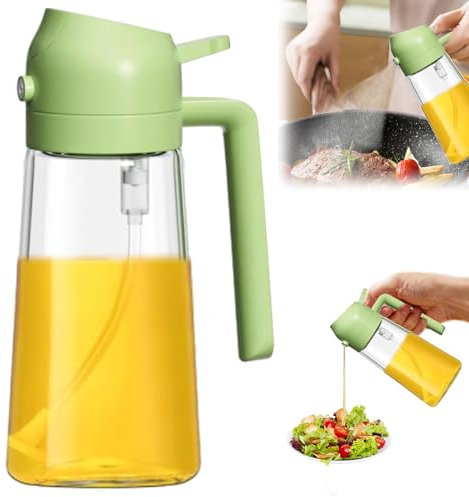 LYSTRO 16oz Oil Sprayer & Dispenser for Cooking, 2 in 1 Olive Oil Dispenser Bottle for Kitchen, 470ml Premium Glass Oil Bottle, Food-grade Oil Mister for Air Fryer, Salad, Frying, BBQ (Green)