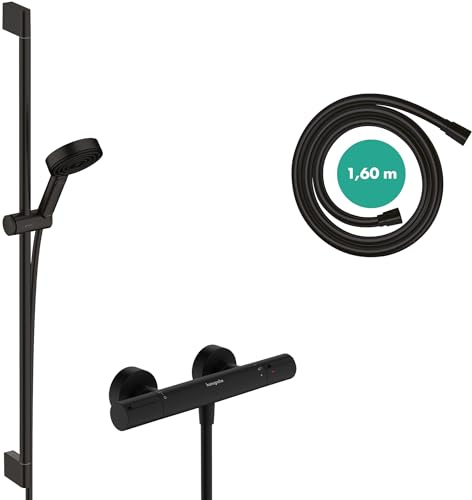 hansgrohe Pulsify Select S - wassersparendes Duschset mit Thermostat Ecostat Element, Duschthermostat mit Duschkopf 8,2 l/min (EcoSmart), Duschstange 90cm, Schlauch, Halterung, Mattschwarz, 24271670