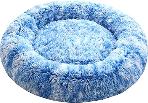 Comlax Beruhigende Donut Hundebetten XL, Rundes Kissen mit abnehmbarem waschbarem Bezug, Anti-Angst-Kunstfell-Kuscheltier, Flauschiges, bequemes, pelziges Haustierbett (80cm, Blau)
