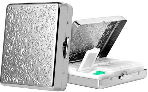 Tablettenbox 7 Tage 8 Fächer, Reise Metall Pillenbox.BPA-freier Tragbarer Pillenbox für Medikamenten (Silber, Mittel)