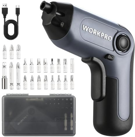 WORKPRO Perceuse Visseuse Sans Fil 6Nm 3,6V, Visseuse Devisseuse Excentrique avec 21 Embouts, Barre d'Extension, Batterie 2000 mAh, Lumière LED, Câble USB-C, Boîte de Rangement, pour Bricolage, Gris