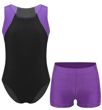 Yhong Kinder Jungen Turnanzug Sport Ärmellos Bodysuit mit Turnen Shorts Yoga Training Sportwear Ballettanzug Eiskunstlaufen Gymnastikanzug Violett 110-116