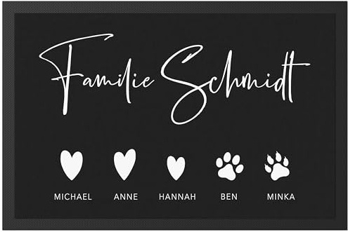 Fußmatte Familie personalisiert mit Namen als Einzugsgeschenk | Personalisiert, aus Polyester mit Gummi-Rückseite, Geschenk zum Einzug, Einweihungsgeschenk, Fußabtreter