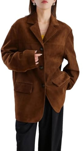 Damen Schaffell Anzugjacken Wildleder Lammfell Einreihig Vintage Braun Blazer Jacken, dunkelbraun, L
