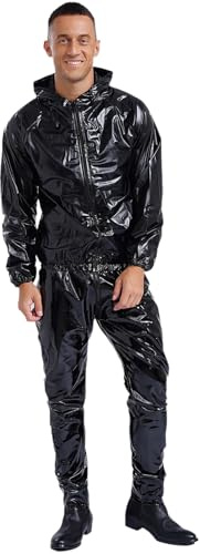 Rswnyirn Herren PVC Saunaanzug Zweiteiler Schwitzsanzug zum Abnehmen Trainingsanzug Hoodie Oberteil Jacke mit Sporthose Loose Fit Schwarz M