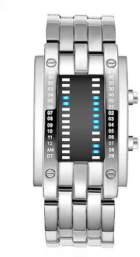 ADSBIAOYE Relojes para hombre y mujer, reloj creativo de doble matriz binaria LED impermeable de acero inoxidable, Plata para hombre, Moda