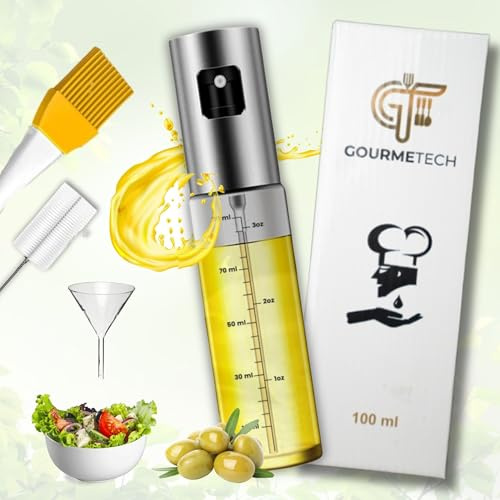 Gourmetech - Spray de aceite para cocina y freidora de aire, pulverizador antigoteo, vidrio y acero inoxidable con cepillo para barbacoa, cepillo de lavado y embudo